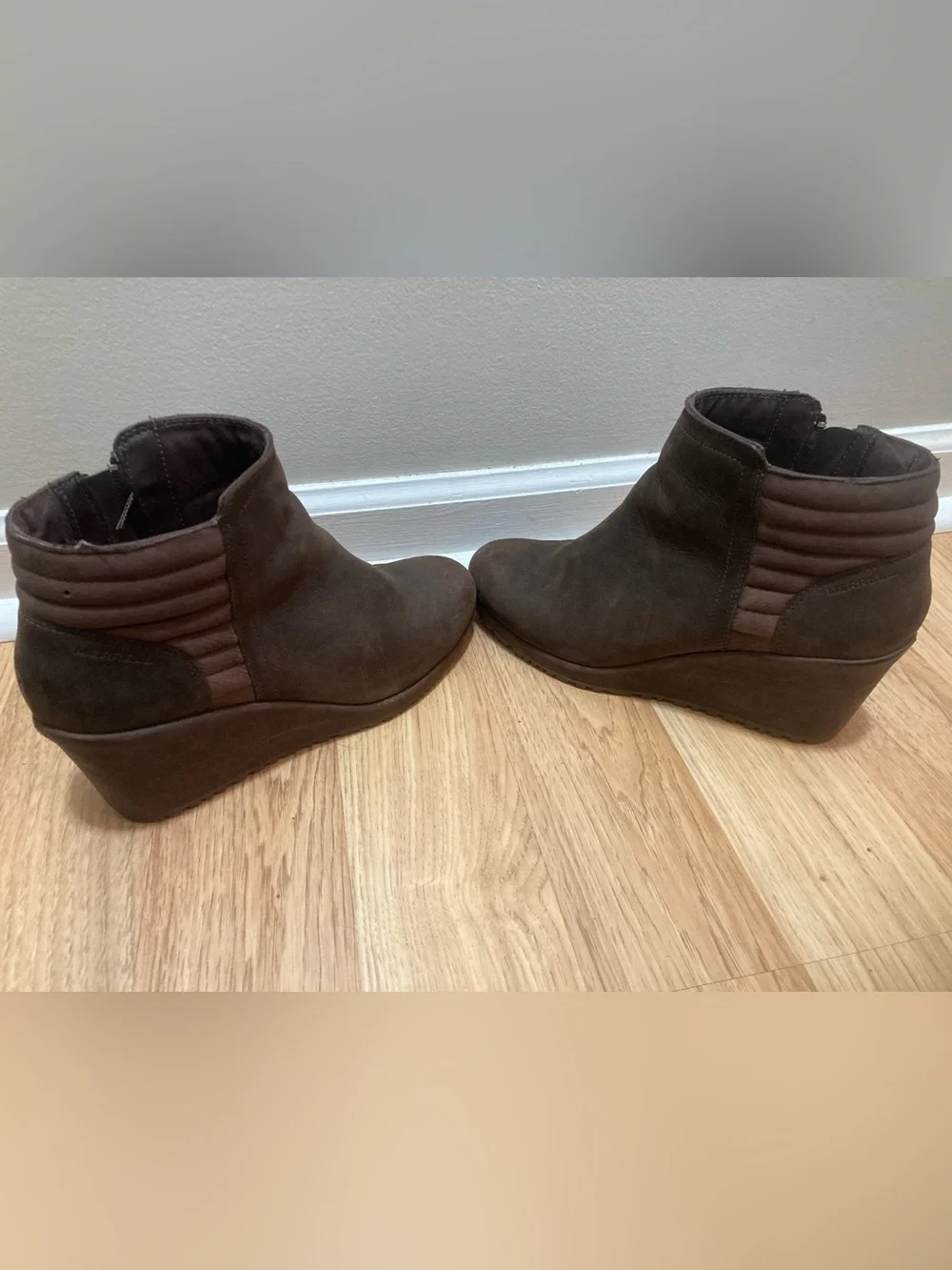 Merrell Brown Suede Wedge Ankle Boots with Side Zip